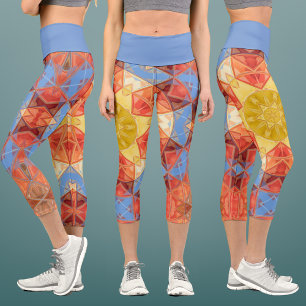 Mosaic Mandala Orange Blue and Yellow Capri Leggings