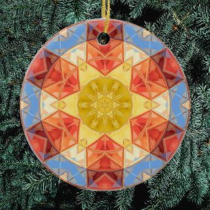 Mosaic Mandala Orange Blue and Yellow Ceramic Ornament