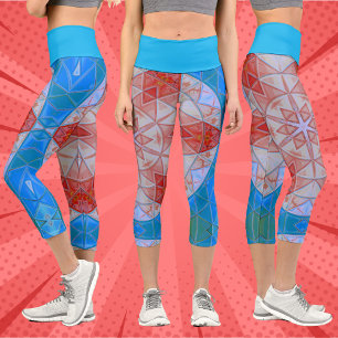 Mosaic Mandala Red White and Blue Capri Leggings