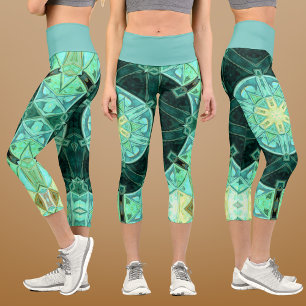 Mosaic Mandala Teal and Yellow Capri Leggings