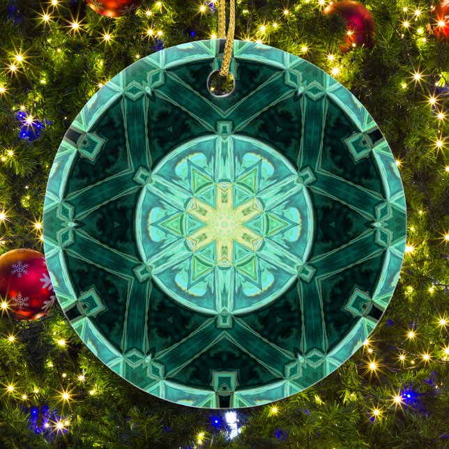 Mosaic Mandala Teal and Yellow Ceramic Ornament (Creator Uploaded)