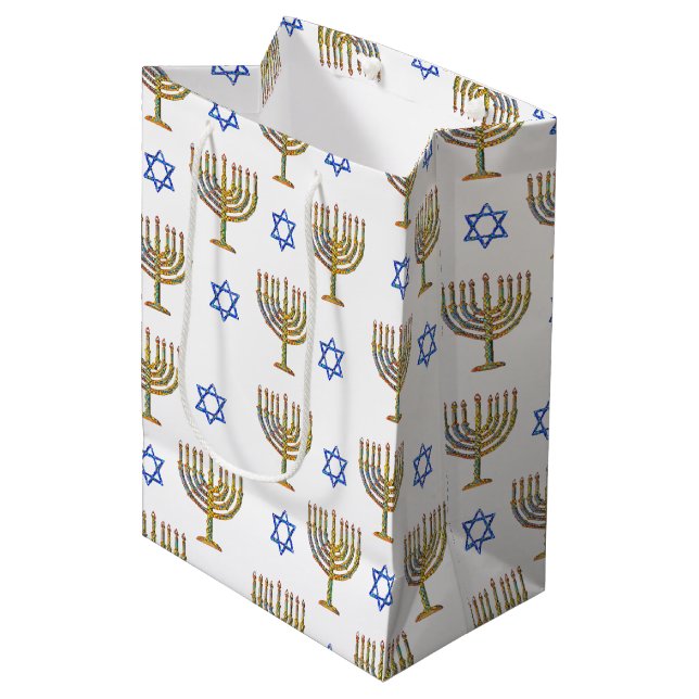 Mosaic Menorahs + Stars Medium Gift Bag (Front Angled)