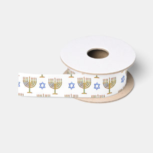 Mosaic Menorahs + Stars Satin Ribbon