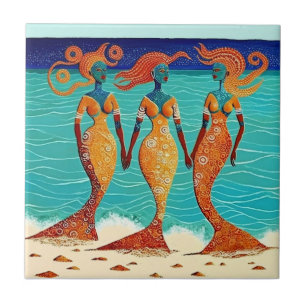 Mosaic Mermaids on Egyptian Sands Ceramic Tile