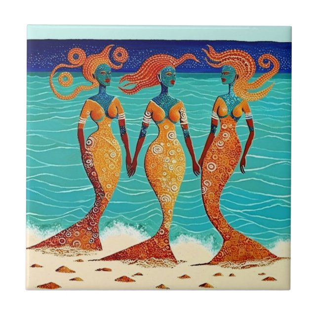Mosaic Mermaids on Egyptian Sands Ceramic Tile (Front)