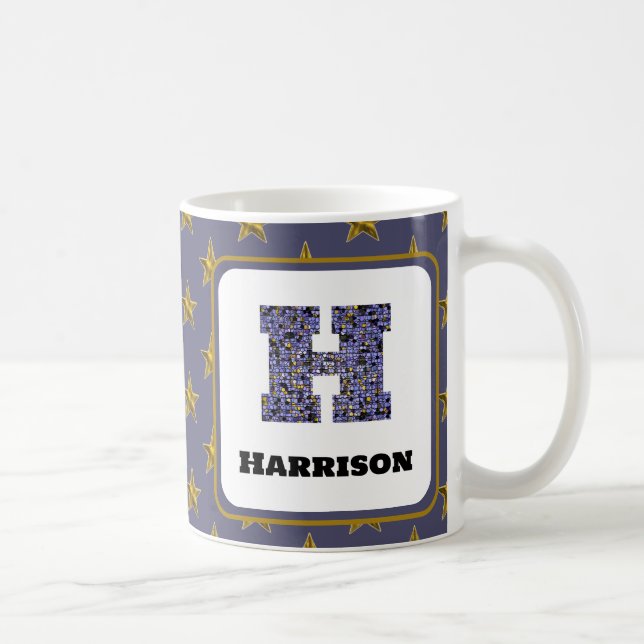 Mosaic Monogram Gold Stars First Name Initial  Coffee Mug (Right)