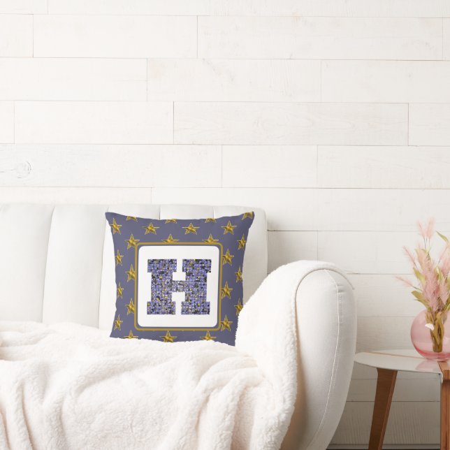 Mosaic Monogram Initial Gold Stars Letter H Cushion (Couch)
