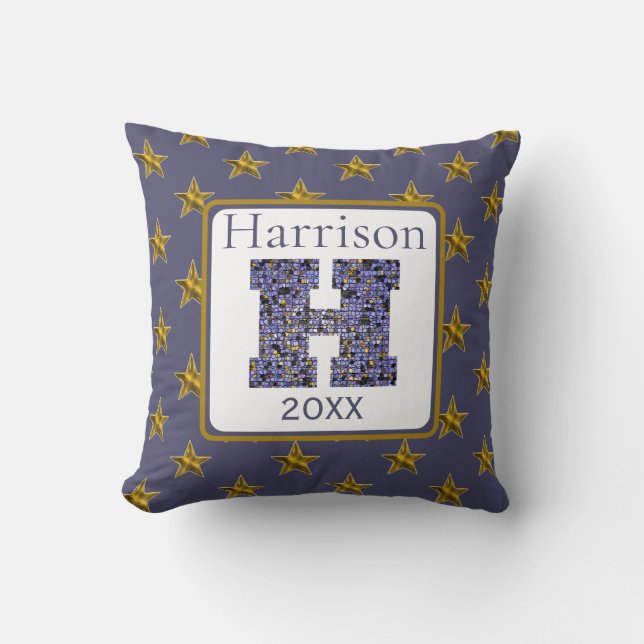 Mosaic Monogram Initial Gold Stars Letter H Cushion (Front)