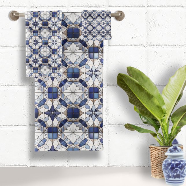 Mosaic Moroccan Tile Pattern#2 Blue White ID1078 Bath Towel Set (Creator Uploaded)