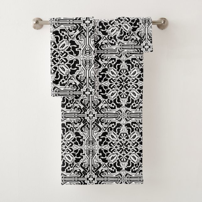Mosaic Moroccan Tile Pattern in Black and White Bath Towel Set (Insitu)