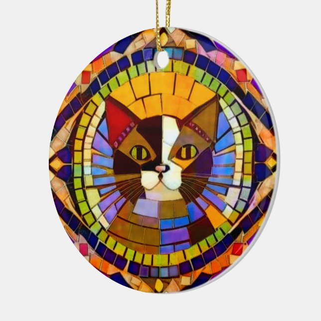 Mosaic of Cat - Colourful Calico - own text on bac Ceramic Ornament (Left)