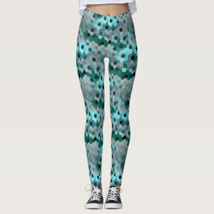 Mosaic of hexagons or cubes in shades cyan to grey leggings