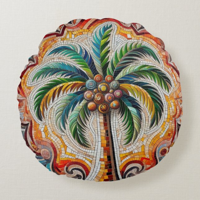 Mosaic Palm Tree Design  Round Cushion (Front)
