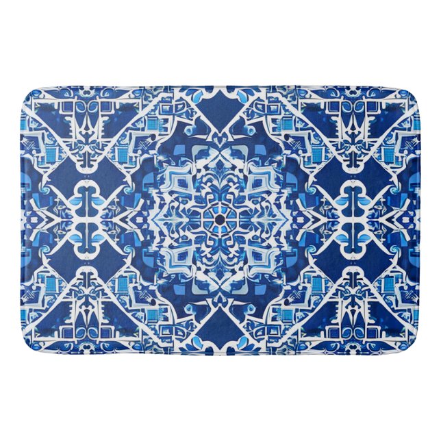 Mosaic Pattern in Indigo and Cobalt Blue Bath Mat (Front)