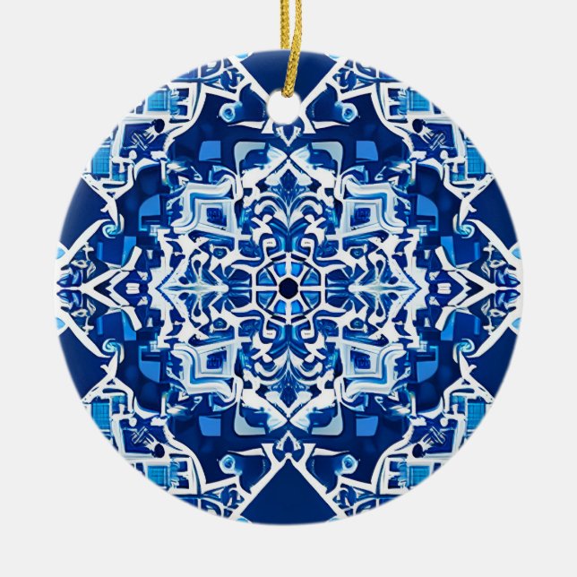 Mosaic Pattern in Indigo and Cobalt Blue   Ceramic Ornament (Front)