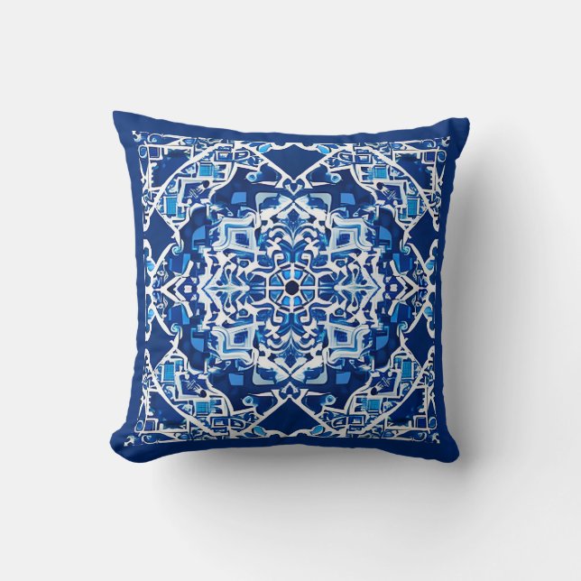 Mosaic Pattern in Indigo and Cobalt Blue   Cushion (Front)