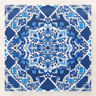 Mosaic Pattern in Indigo and Cobalt Blue Glass Coaster