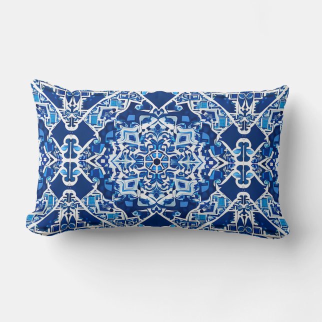 Mosaic Pattern in Indigo and Cobalt Blue Lumbar Cushion (Front)