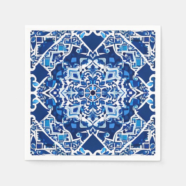 Mosaic Pattern in Indigo and Cobalt Blue   Napkin (Front)