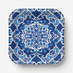 Mosaic Pattern in Indigo and Cobalt Blue   Paper Plate