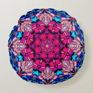 Mosaic Pink Mandala Floral Psychedelic Retro  Round Cushion