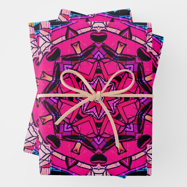Mosaic Pink Mandala Floral Psychedelic Retro  Wrapping Paper Sheet (In situ)