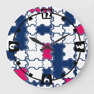 Mosaic puzzles blue navy pink white patches abstra large clock