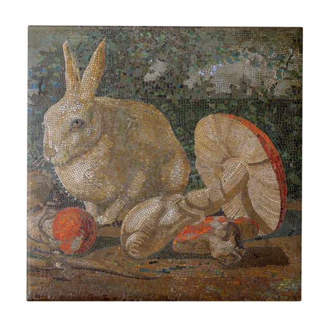 Mosaic rabbit and mushroom nature vintage ceramic tile (Front)