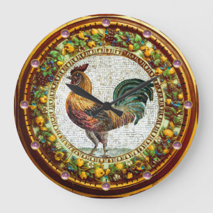 MOSAIC ROOSTER, ANTIQUE FLORAL CROWN WITH FRUITS LARGE CLOCK