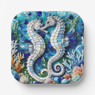 Mosaic Seahorses Romantic Beachy   Paper Plate