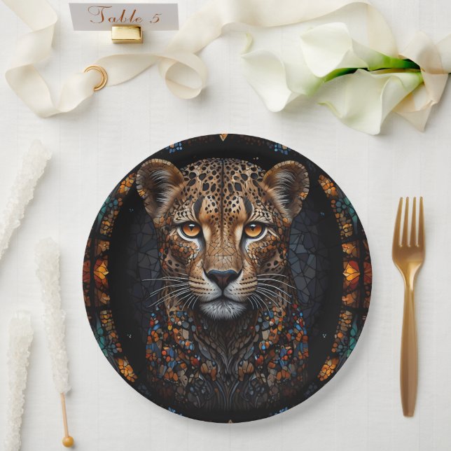 Mosaic Stained Glass Cheetah Portrait  Paper Plate (Wedding)