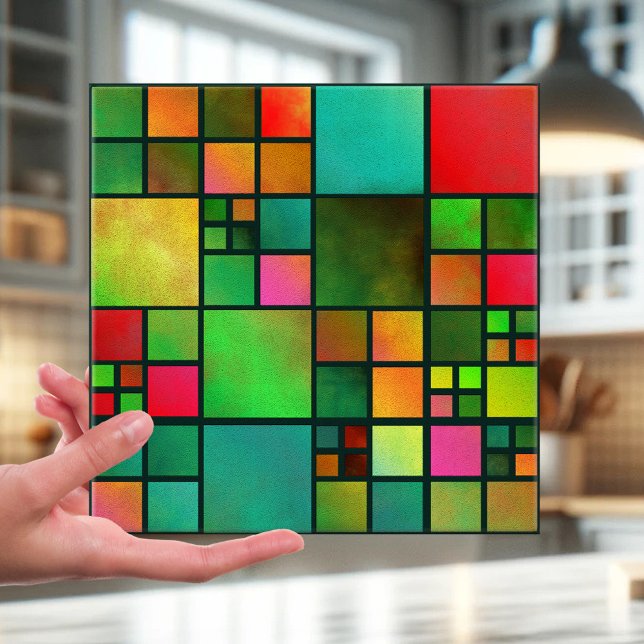 Mosaic Stained Glass Pattern Kitchen Bathroom Tile (Tile featuring an abstract geometric checkered mosaic pattern inspired by colorful stained glass)