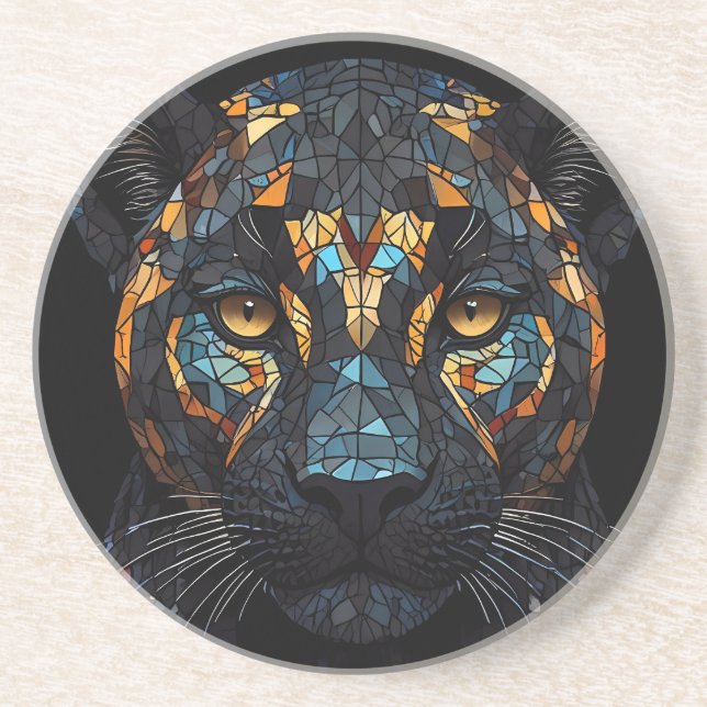 Mosaic Stained Glassed Black Panther Portrait  Coaster (Front)