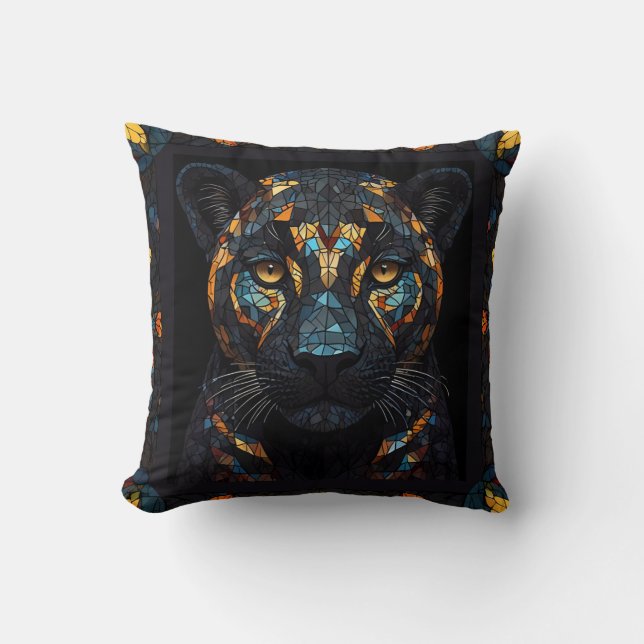 Mosaic Stained Glassed Black Panther Portrait  Cushion (Front)