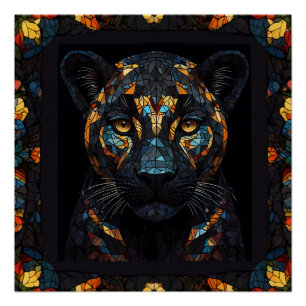 Mosaic Stained Glassed Black Panther Portrait  Poster