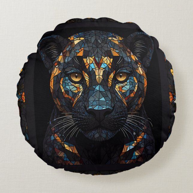 Mosaic Stained Glassed Black Panther Portrait  Round Cushion (Front)