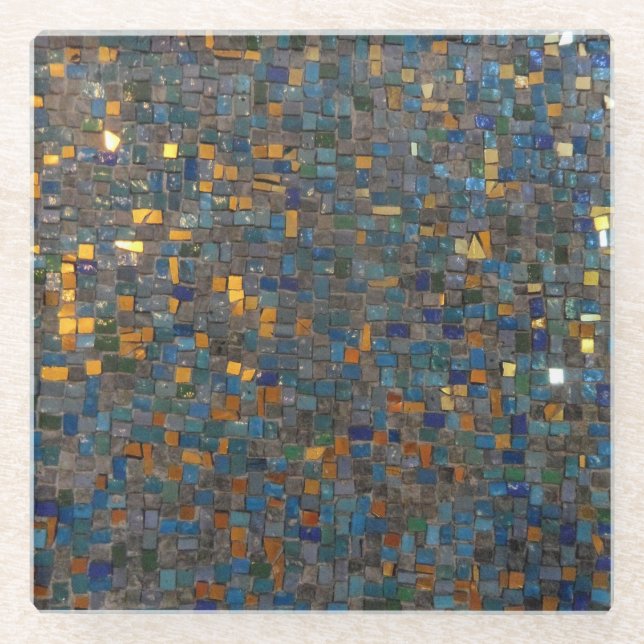 Mosaic Stones in Blue and Gold Glass Coaster (Front)