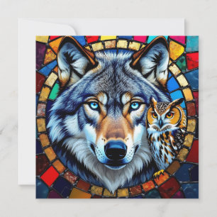 Mosaic Style Owl and Wolf   Blank Holiday Card