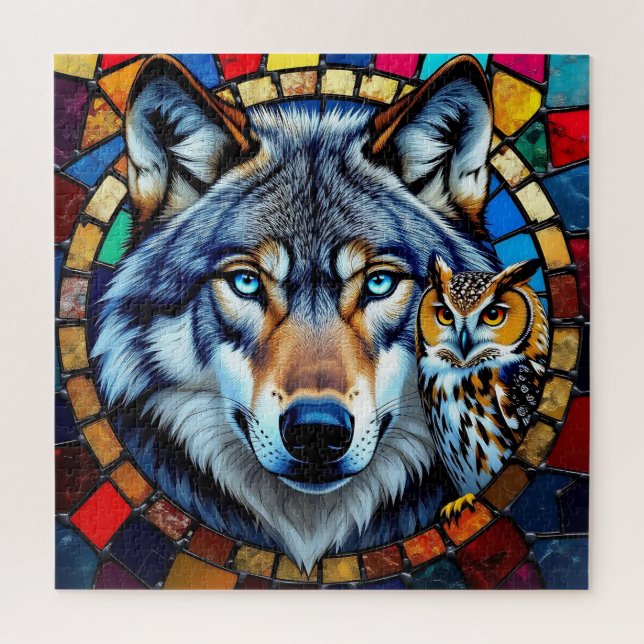 Mosaic Style Owl and Wolf Wildlife Vibrant Jigsaw Puzzle (Vertical)