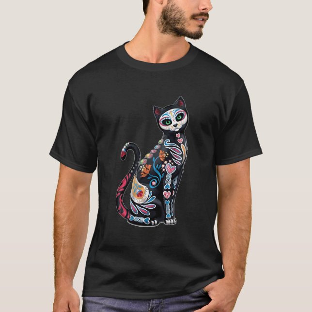 Mosaic Sugar Skull Cat Print T-Shirt (Front)