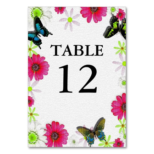 Mosaic Texture with Flowers & Butterflies Wedding Table Number (Front)