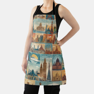 Mosaic tile design featuring famous landmarks apron