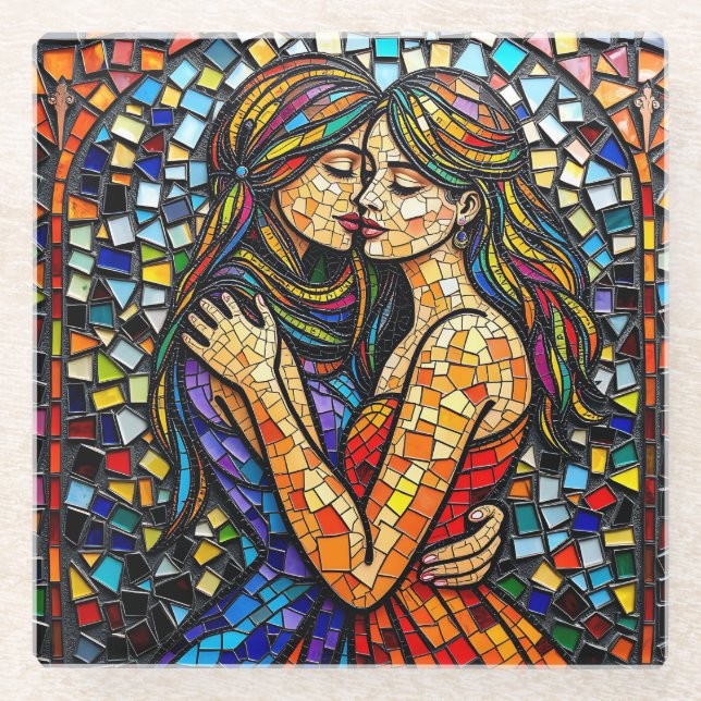 Mosaic Tile Style Ai Art Romantic Embrace Glass Coaster (Front)