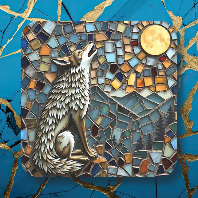 Mosaic Tile Wolf Howling at the Moon Square Sticker (Creator Uploaded)