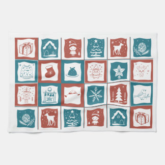 Mosaic Tiled Advent Christmas Green Red Pattern Tea Towel