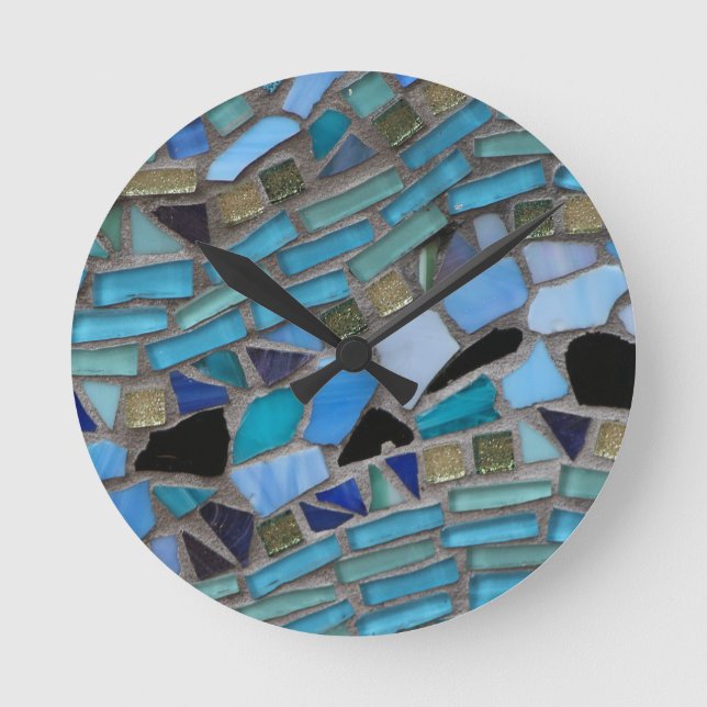 Mosaic Tiles of Blue and Green Round Clock (Front)