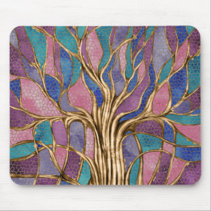 Mosaic Tree - Purples and Gold Mouse Pad
