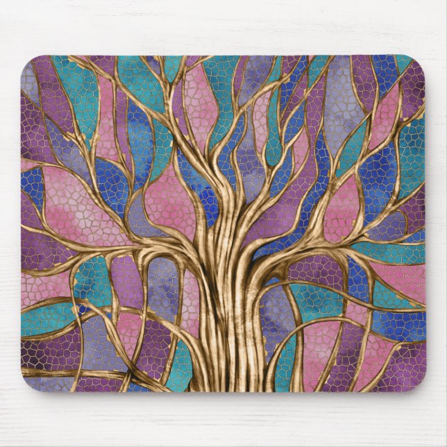 Mosaic Tree - Purples and Gold Mouse Pad (Front)