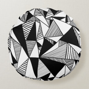 Mosaic Triangles, Black White Texture. Round Cushion
