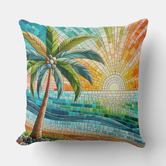 Mosaic Tropical Beach Sunset Palm Cushion (Front)